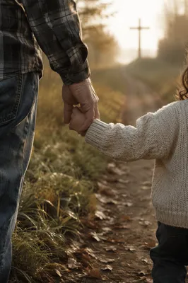 Child Holding Adult Hand Toward Cross
