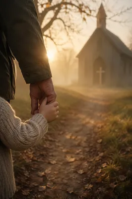 Child Holding Adult Hand Toward Chapel