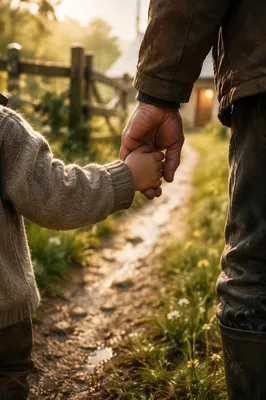 Child Holding Adult Hand on Rainy Path