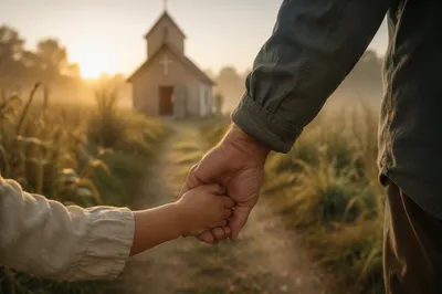 Child Holding Adult Hand Near Chapel