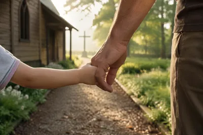 Child Holding Adult Hand by Chapel
