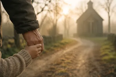 Child Holding Adult Hand Near Chapel