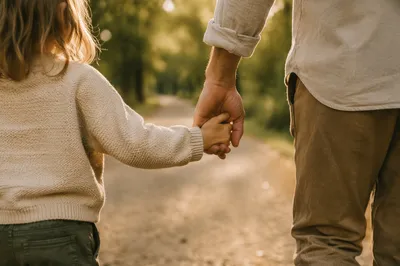 Child Holding Adult Hand on Path