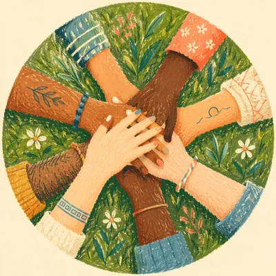 Diverse Hands Stacked in Unity on Grass