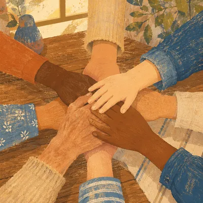 Many Hands Stacked in Hopeful Unity