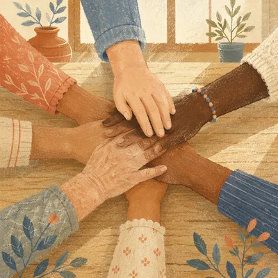 Many Hands Stacked in Quiet Unity