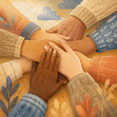 Many Hands Stacked in Warm Unity
