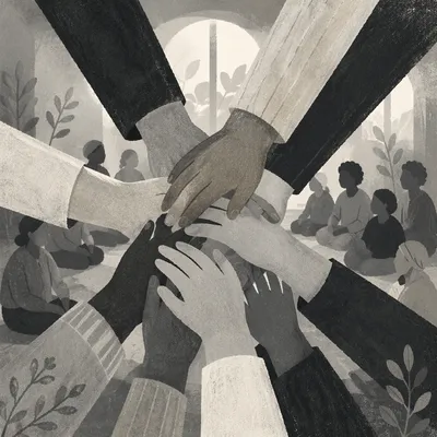 Diverse Hands Joined in Encouraging Unity