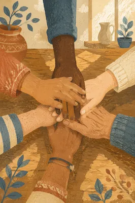 Many Hands Stacked in Quiet Unity