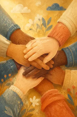 Many Hands Stacked in Warm Unity