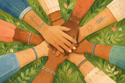 Diverse Hands Stacked in Sunlit Unity