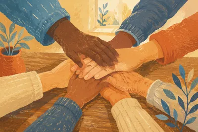 Many Hands Stacked in Warm Unity