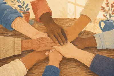 Many Hands Stacked in Gentle Unity