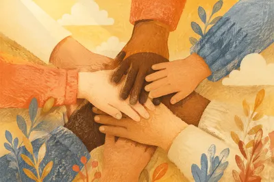 Many Hands Stacked in Warm Unity