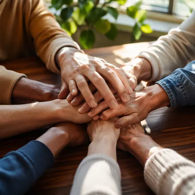 Many Hands Stacked in Warm Unity