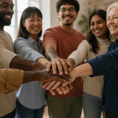 Diverse Coworkers Stacking Hands in Unity
