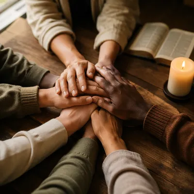 Diverse Hands Stacked in Prayerful Unity