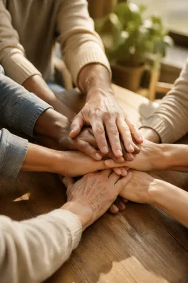 Many Hands Stacked in Warm Unity