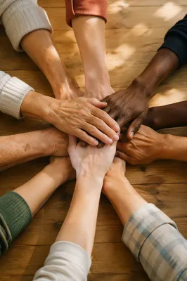 Many Hands Stacked in Quiet Unity
