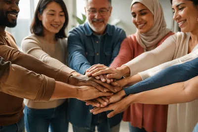 Diverse Hands Stacked in Unity Indoors