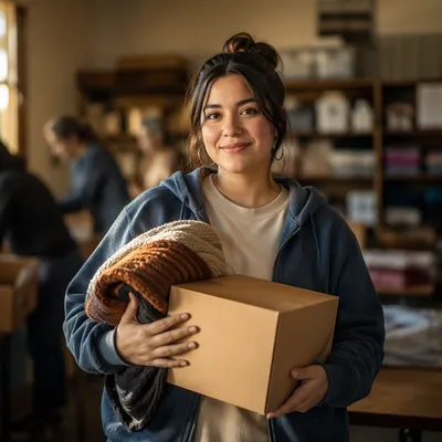 Warm Portrait of Volunteer Holding Donations