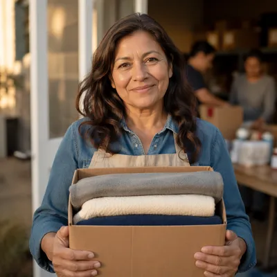 Warm Volunteer Holding Blanket Donation Box