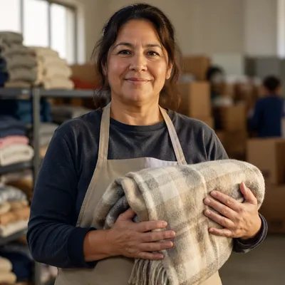 Warm Volunteer Portrait Holding Folded Blanket