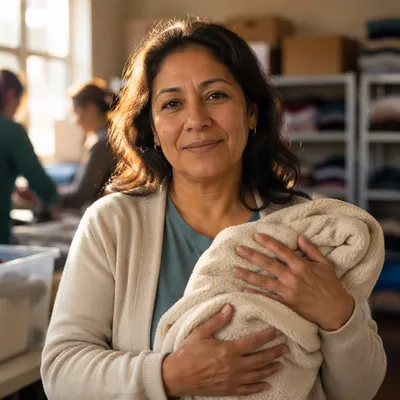 Warm Portrait of Volunteer Holding Blanket
