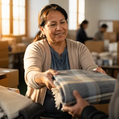 Warm Volunteer Handing Out Folded Blanket