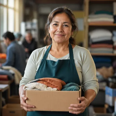 Warm Volunteer Holding Donation Box Portrait