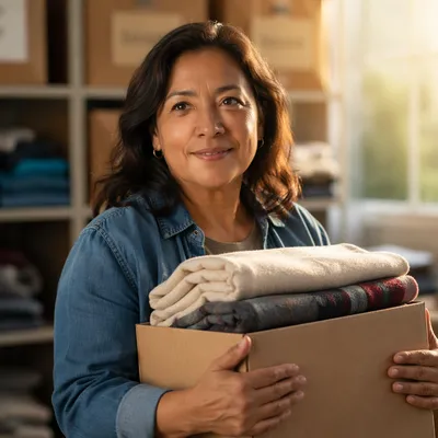 Warm Portrait of Volunteer Holding Blankets