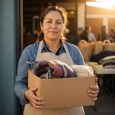 Warm Volunteer Portrait with Donation Box