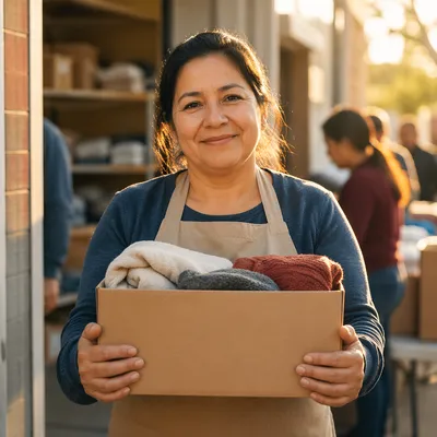 Warm Volunteer Portrait with Donation Box