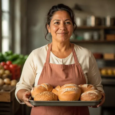 Compassionate Woman Holding Fresh Bread Tray