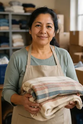 Warm Volunteer Holding Folded Blanket Portrait