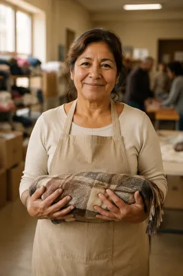 Warm Portrait of Volunteer Holding Blanket