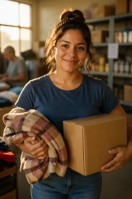 Warm Portrait of Volunteer Holding Donations
