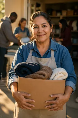 Warm Volunteer Holding Box of Blankets