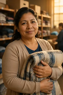 Warm Portrait of Volunteer Holding Blanket