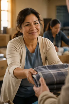 Warm Portrait of Woman Donating Blanket