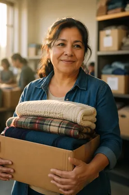 Warm Portrait of Volunteer Holding Blankets