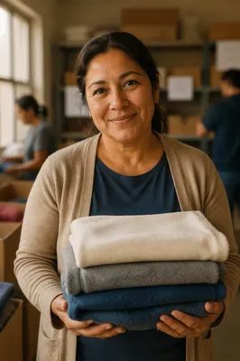 Woman Holding Folded Blankets at Donation Center