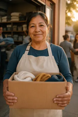Warm Volunteer Holding Donation Box Portrait