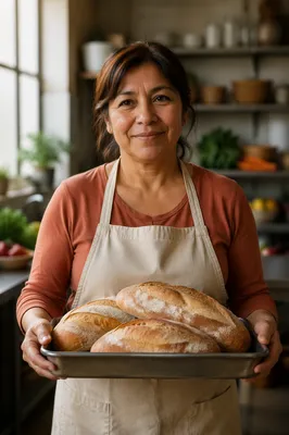 Compassionate Woman Holding Fresh Bread Tray