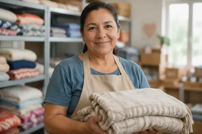 Warm Portrait of Volunteer Holding Blanket