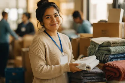 Warm Portrait of Volunteer at Donation Center
