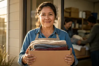 Warm Volunteer Holding Box of Blankets