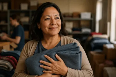 Warm Portrait of Volunteer Holding Blanket