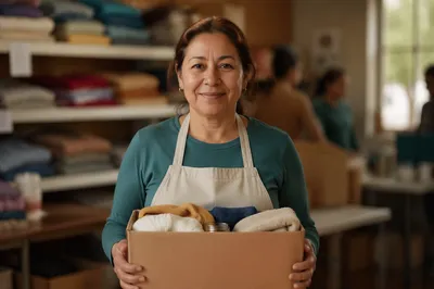 Warm Volunteer Portrait with Donation Box