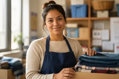 Warm Portrait of Volunteer at Donation Table